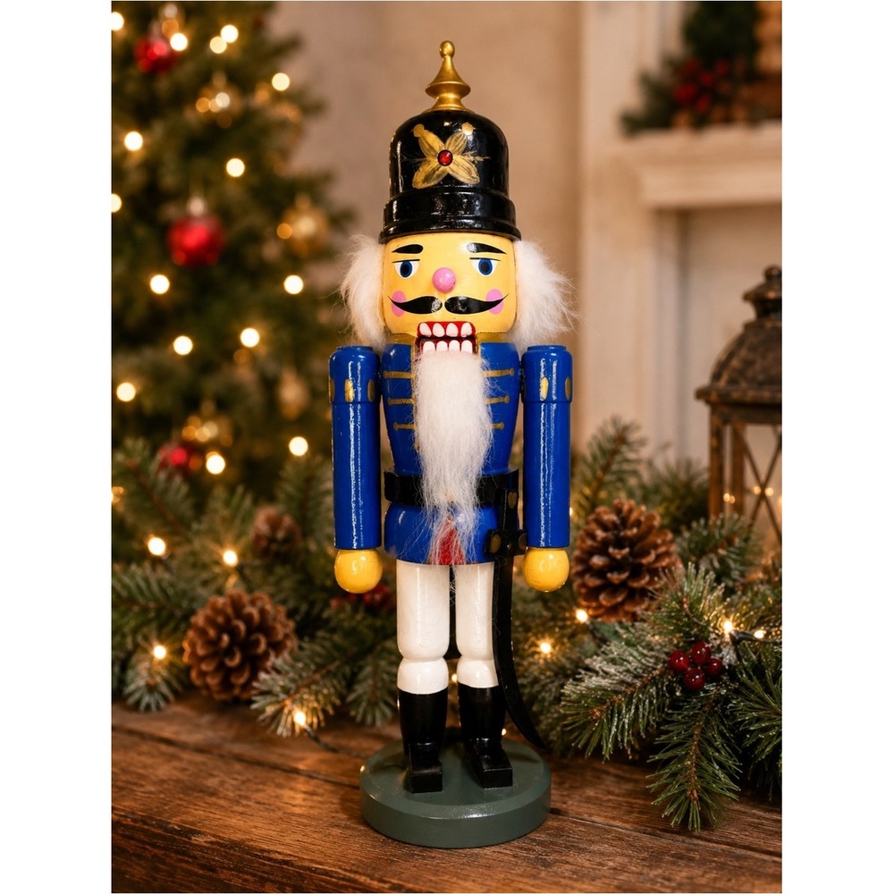 Vintage‎ 14" Wooden Nutcracker Soldier Blue Uniform Hand Painted Christmas Decor